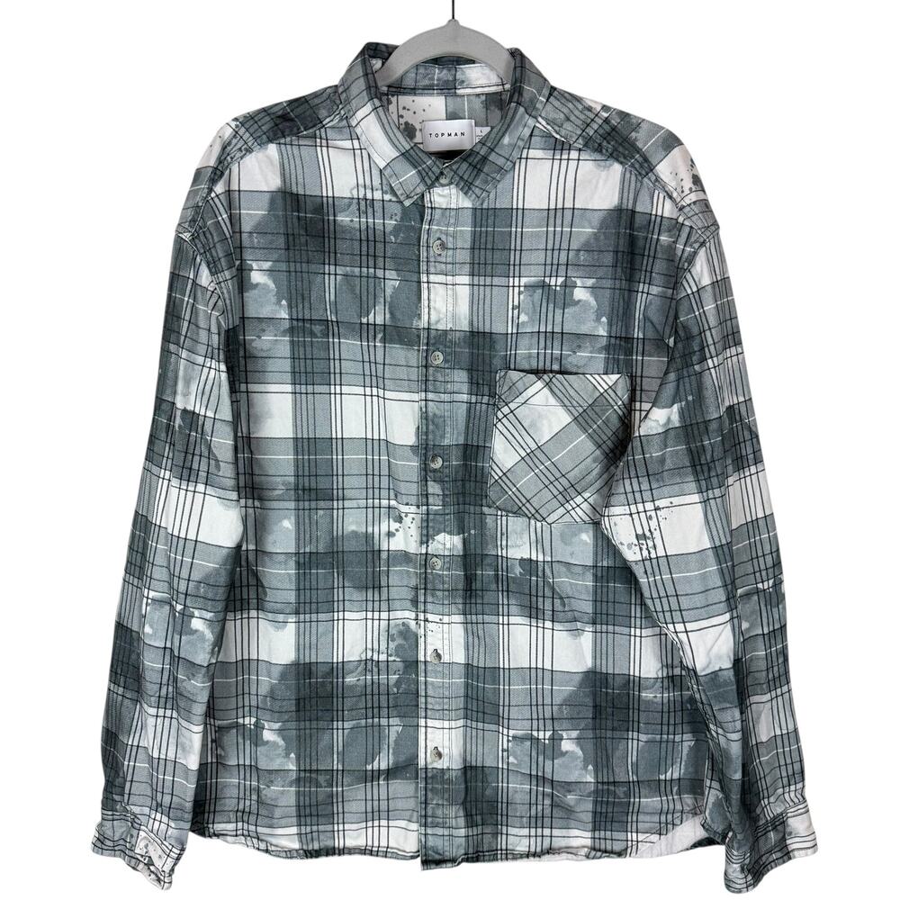 Topman Shirt‎ Men's Large Gray White Plaid Bleached Cotton Flannel Button-Up